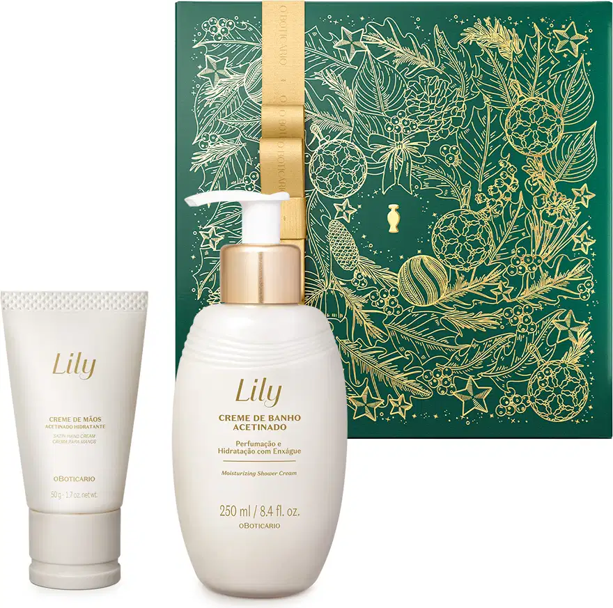 Imagem do Combo Lily Acetinados, contendo um creme de banho com bomba dosadora, uma bisnaga de creme para mãos e uma caixa de presentes azul com estampa floral dourada. Os frascos dos produtos são na cor branca e dourada.