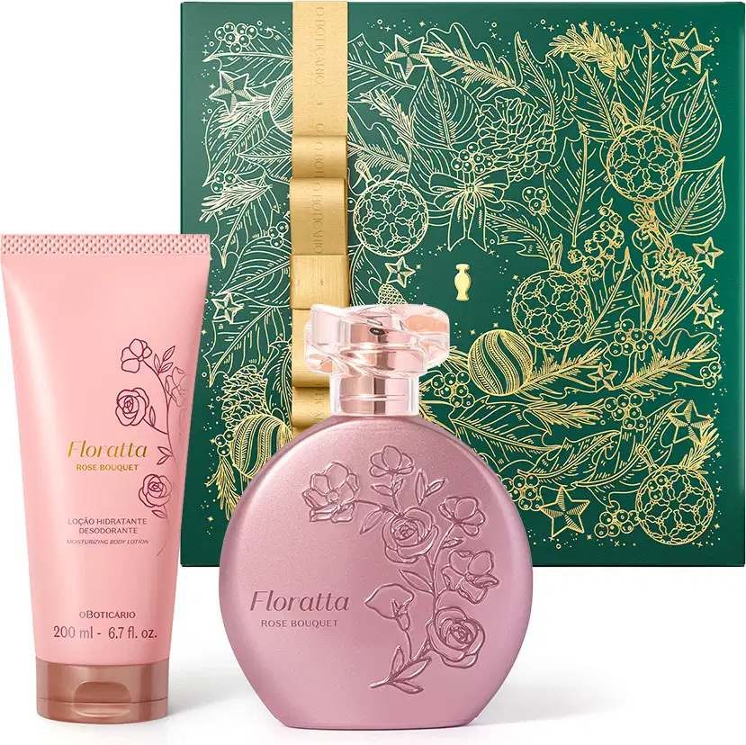 Imagem do Combo Floratta Rose Bouquet que traz um desodorante colônia no icônico vidro da marca em cor rosa e flores douradas, uma loção corporal em frasco com dois tons de rosa e uma caixa de presente na cor azul com estampa floral e fita douradas.