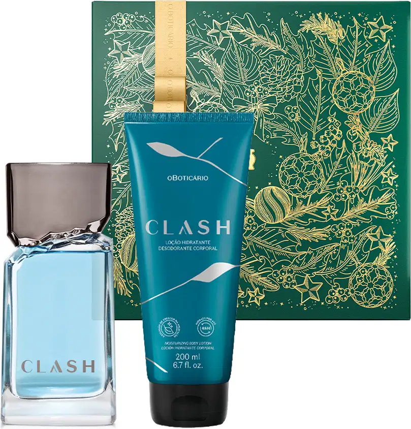 Imagem de um kit com produtos da marca Clash, contendo um frasco de vidro azul com tampa cinza de desodorante colônia, bisnaga azul com tampa preta de creme hidratante e caixa decorada com ilustrações florais douradas em fundo azul.