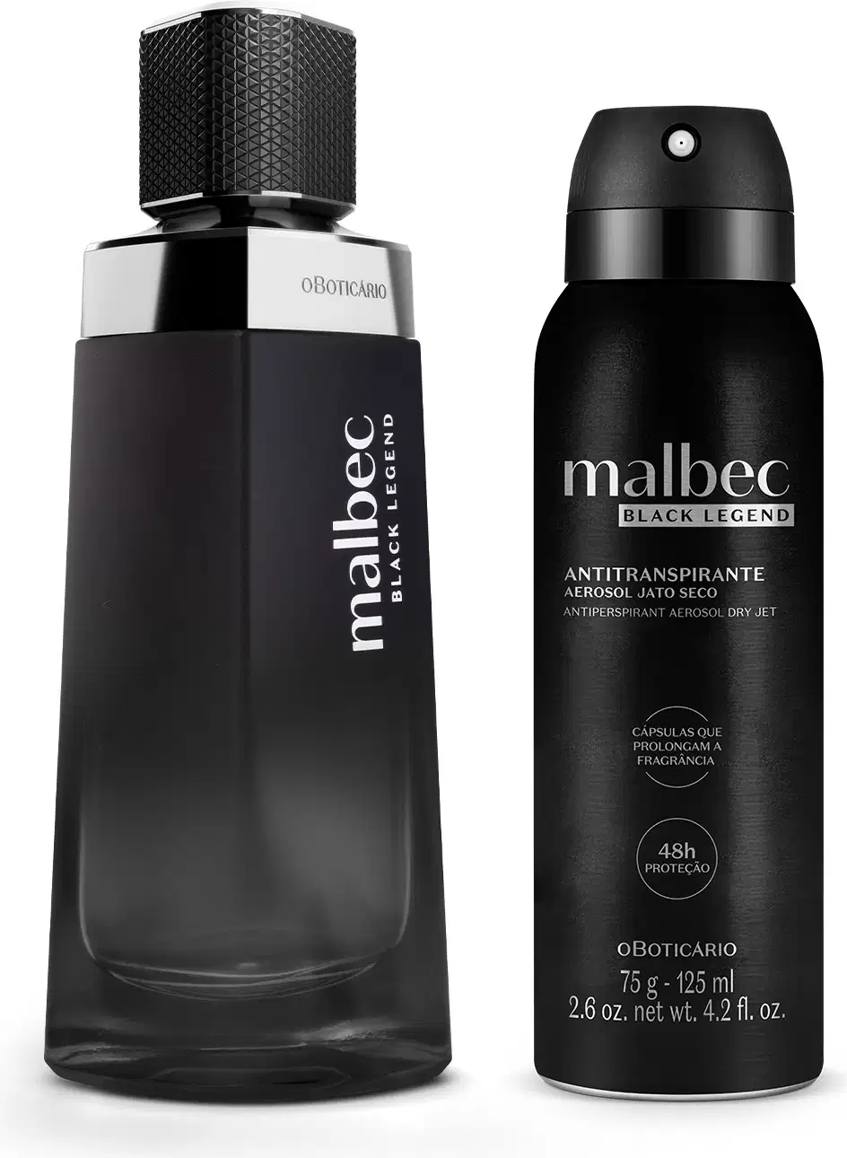Imagem do Combo Malbec Black Legend que traz um elegante vidro de desodorante colônia e um desodorante antitranspirante em spray. As embalagens são totalmente pretas com detalhes e letras prateadas. Kit ideal para homens sofisticados.