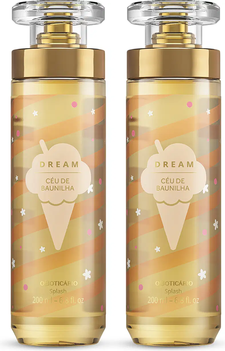 Imagem de dois frascos de body splash da linha Dream Céu de Baunilha. A embalagem é de vidro com tampa transparente e válvula spray dourada. O rótulo é em tons de dourado e traz um sorvete ilustrando o produto. Cada recipiente conta com 200ml de produto.