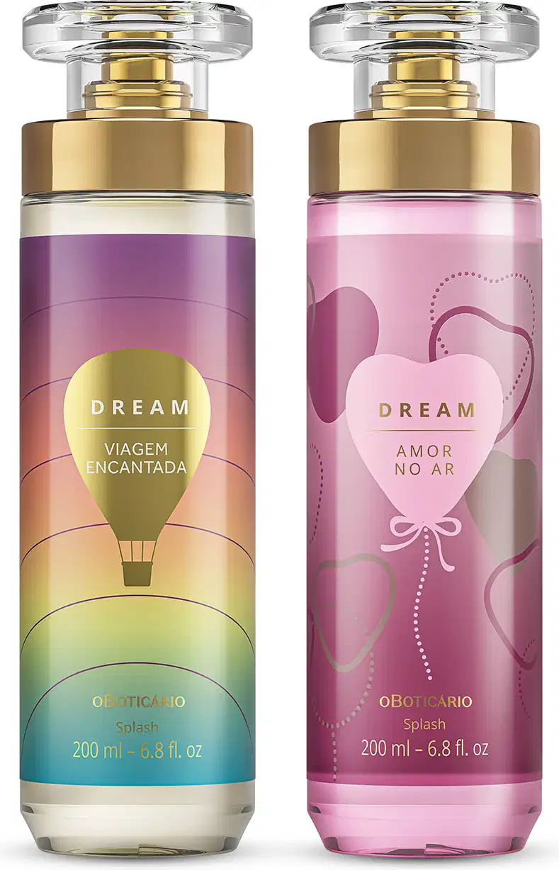 Imagem de dois frascos de body splash Dream, sendo um com rótulo  colorido e balão ilustrando da linha Viagem Encantada e outro com rótulo em tons de roxo e coração ilustrando da linha Amor do Ar. As embalagens são de vidro com válvula spray dourada.