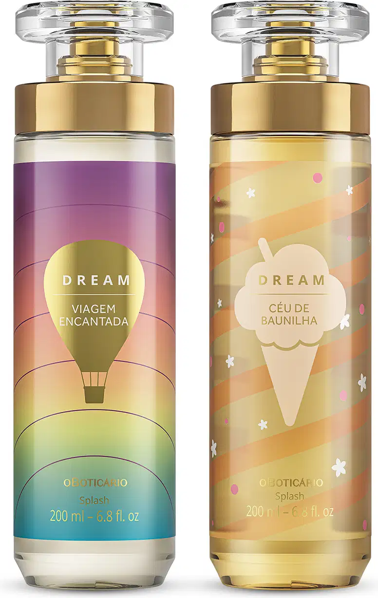 Imagem de dois frascos de body splash Dream, sendo um com rótulo colorido e balão ilustrativo da linha Viagem Encantada e outro com rótulo dourado com sorvete ilustrativo da linha Céu de Baunilha. As embalagens são de vidro com válvula spray dourada.