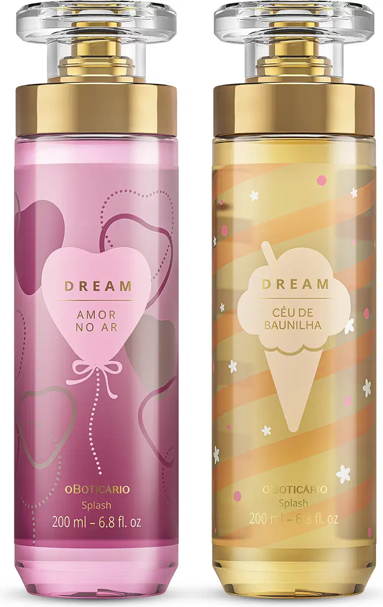 Imagem de dois frascos de body splash Dream,, sendo um com rótulo em tons de roxo da linha Amor no Ar e outro com rótulo em tons de dourado da linha Céu de Baunilha. Ambos recipientes são de vidro, com tampa transparente e válvula spray dourada.