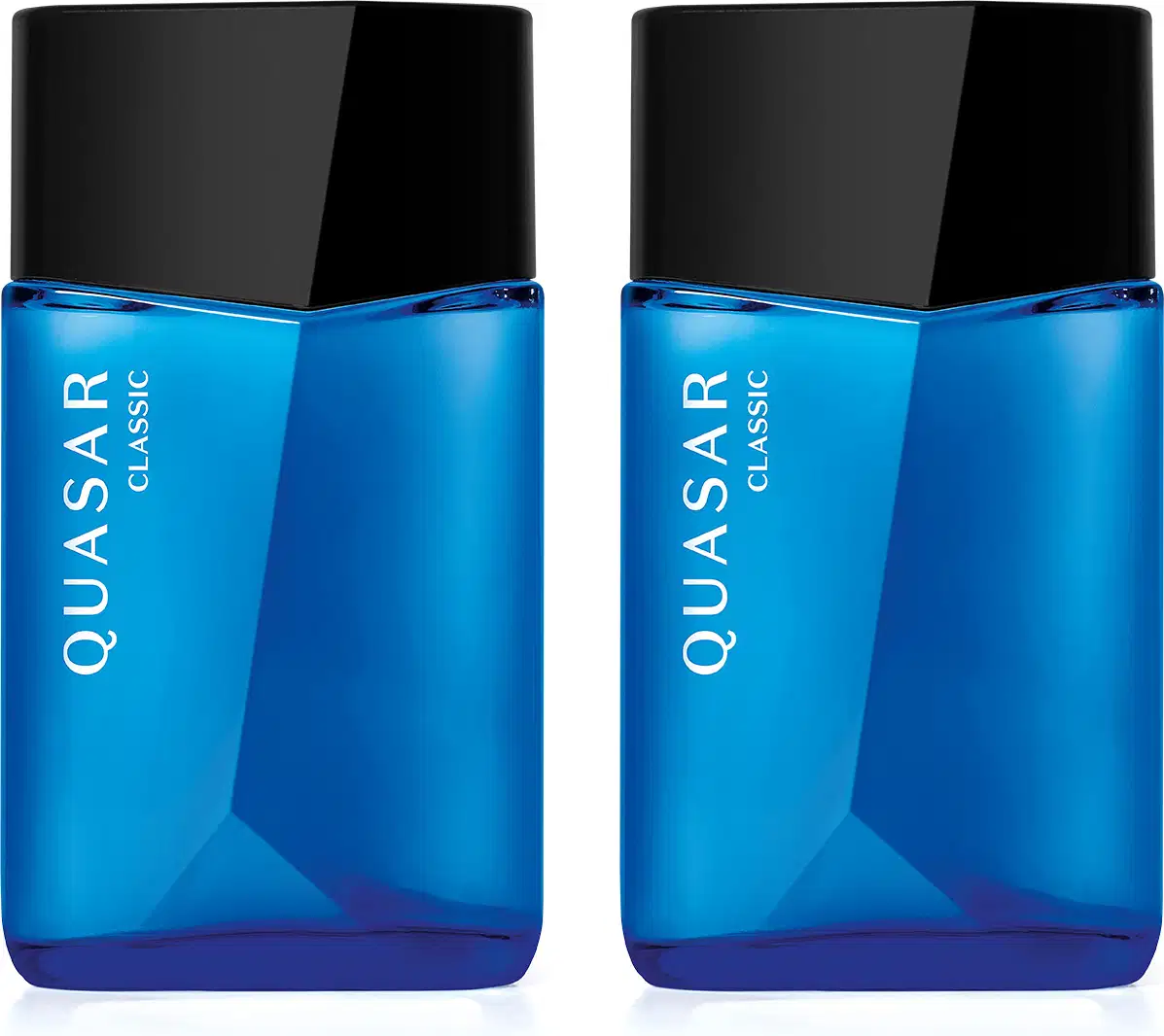 Imagem de dois frascos de desodorante colônia Quasar Classic, em embalagem de vidro azul, tampa laranja e rótulo escrito em letras brancas. Cada recipiente conta com 100ml da fragrância.