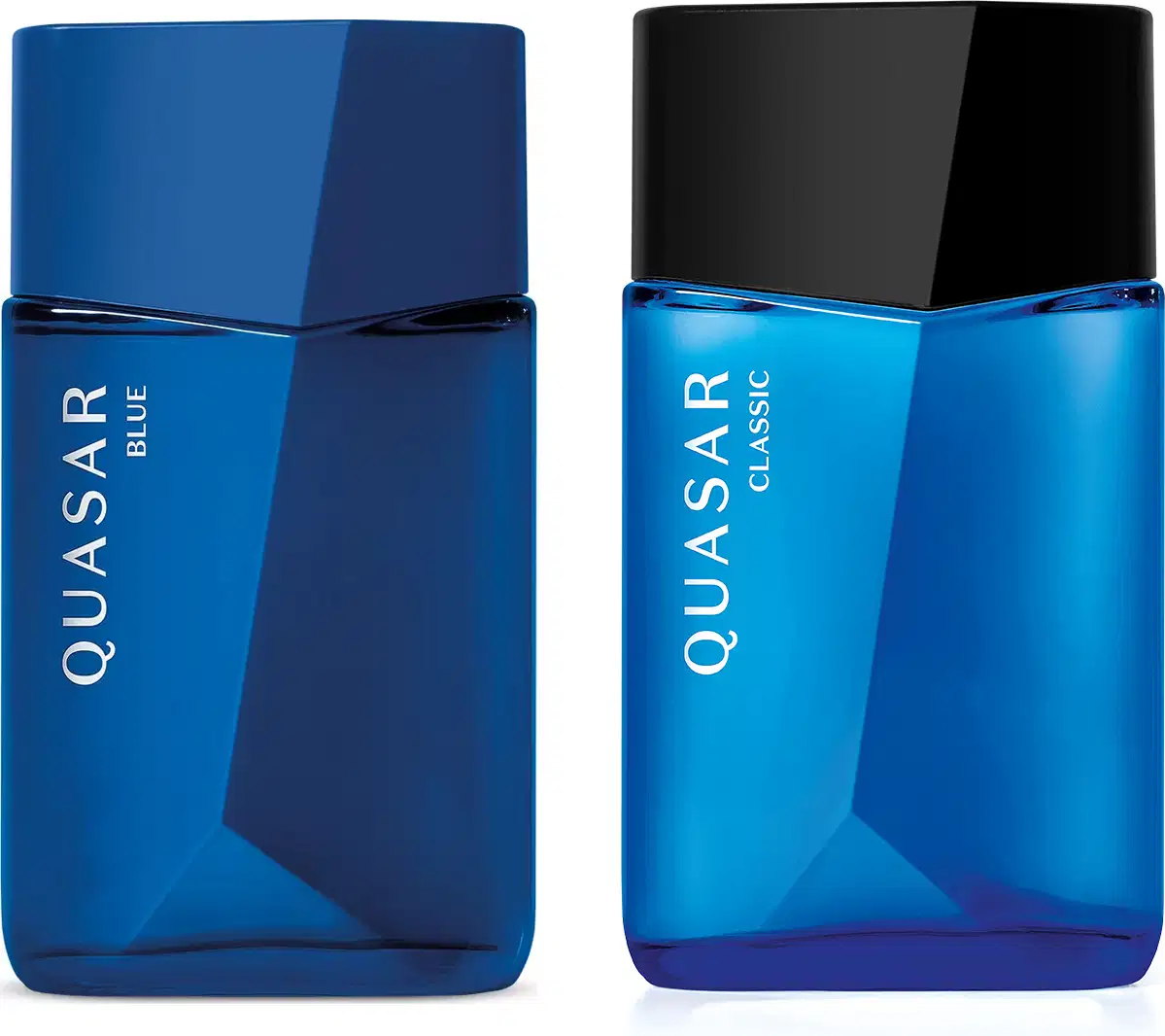 Imagem de dois itens de perfumaria masculina Quasar, sendo um frasco azul escuro e rótulo dourado da linha Blue e um frasco azul com tampa preta e rótulo branco da linha Classic. Ambas embalagens possuem o mesmo design moderno e estiloso.