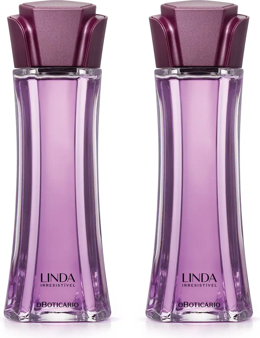 Imagem de dois frascos de desodorante colônia Linda Irresistível, em embalagem de vidro roxa com tampa alguns tons mais escuro em formato de flor e rótulo em letras pretas. Cada recipiente traz 100ml da fragrância.
