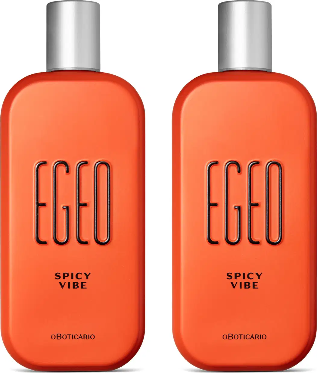 Imagem de dois vidros de desodorante colônia Egeo Spicy Vibe, em embalagem laranja com cantos arredondados, tampa prateada e rótulo em letras pretas. Cada recipiente traz 90ml da fragrância.