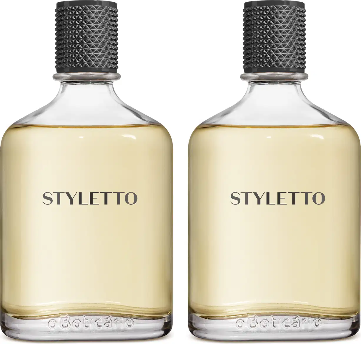 Imagem de dois vidros de desodorante colônia Styletto com embalagem transparente, líquido bege e tampa preta metálica. Cada recipiente traz 100ml de produto.
