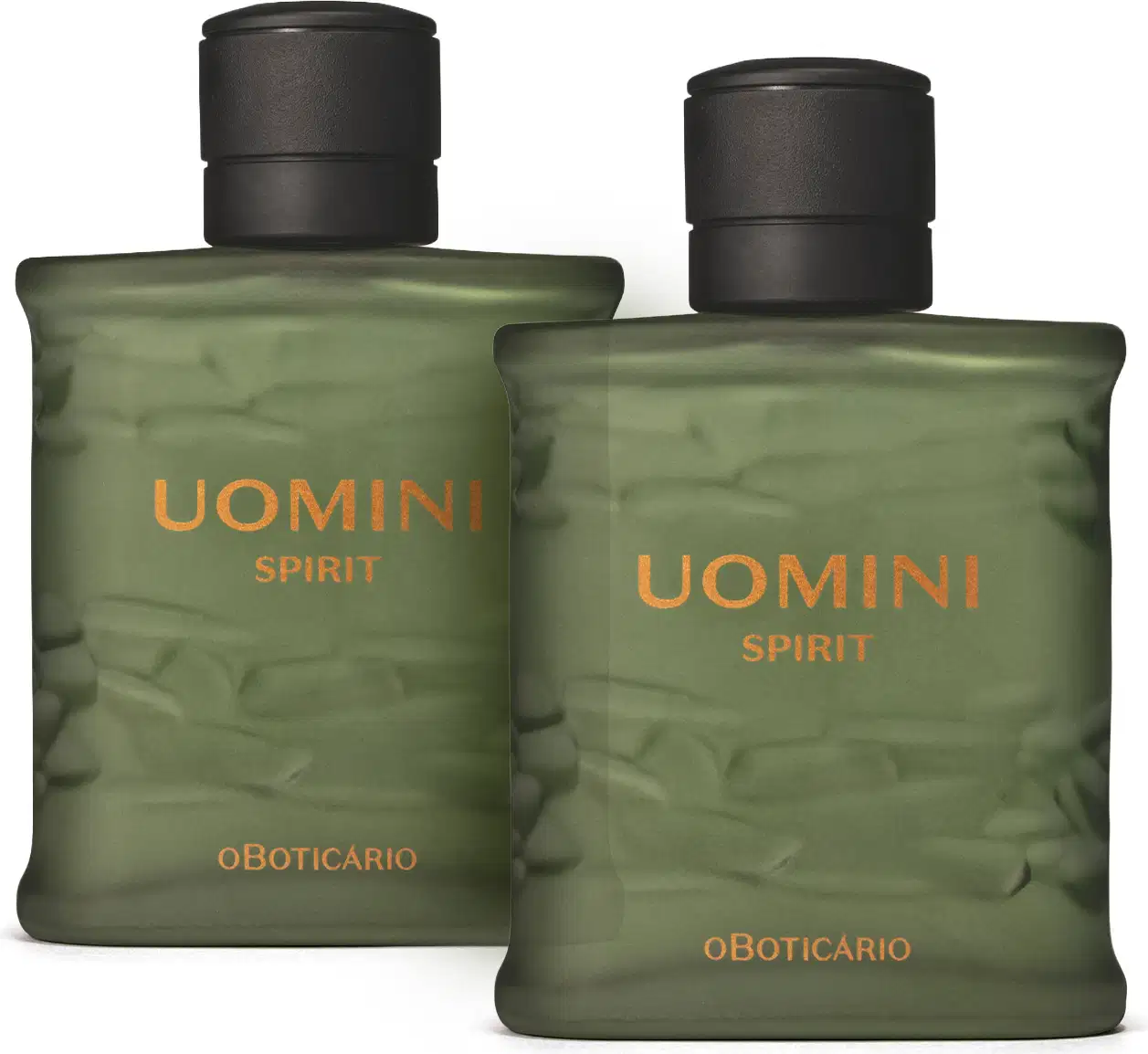 Imagem de dois itens de perfumaria da marca Uomini Spirit em embalagem cinza com texturas e tampa preta.  Cada vidro contém 100ml da fragrância.