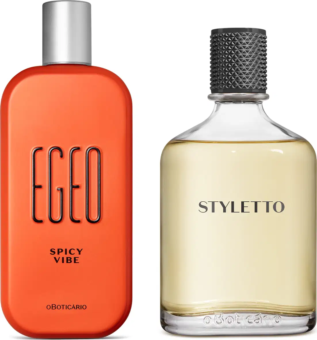 Imagem de dois itens de perfumaria O Boticário: um frasco laranja com tampa prateada da marca Egeo Spicy Vibe e outro frasco transparente com tampa preta da marca Styletto. Ambos possuem tampas metálicas.