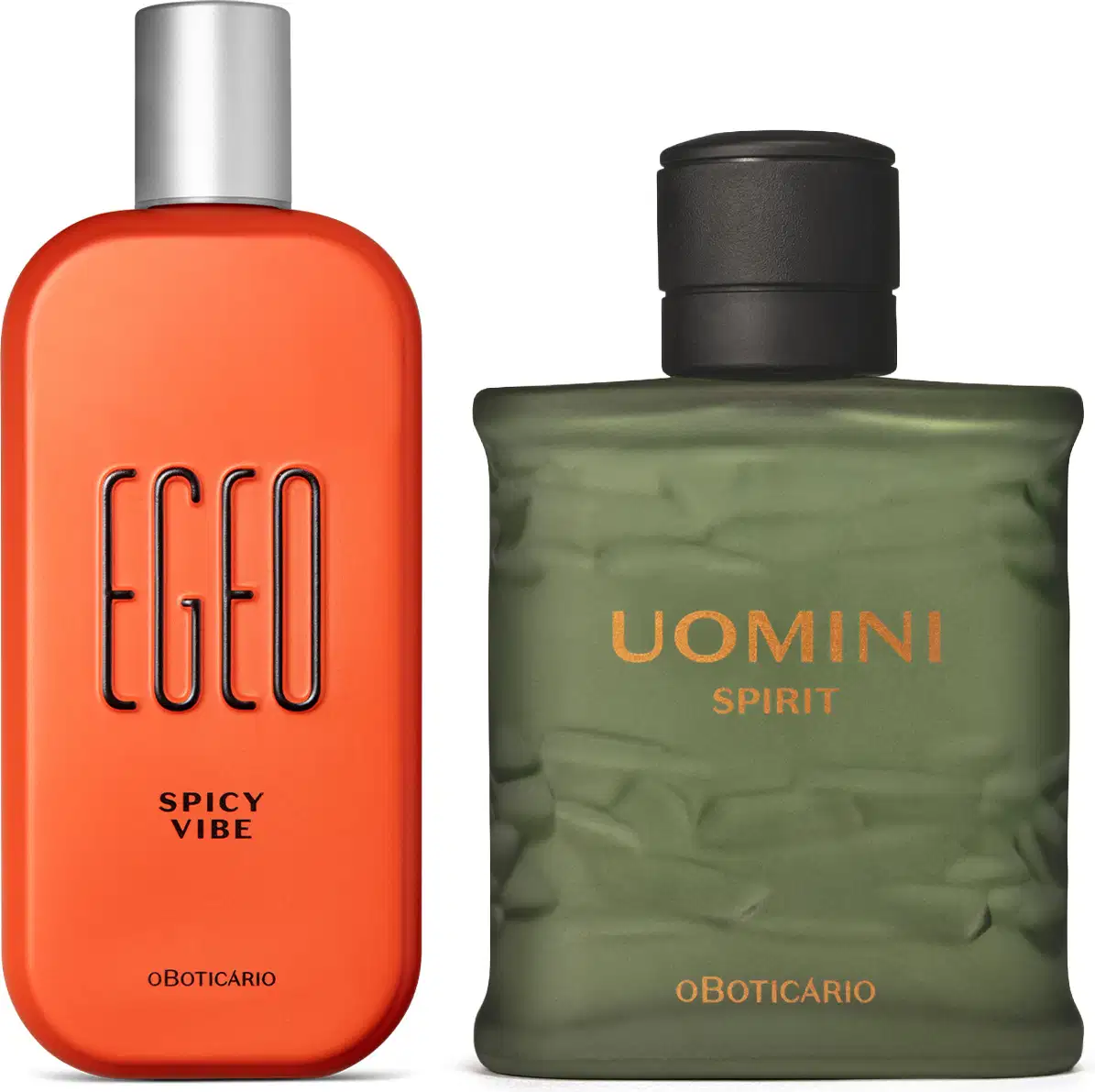 Imagem de dois frascos de perfumaria da marca O Boticário: um frasco laranja com tampa prateada e rótulo "Ego Spicy Vibe" e outro frasco verde com tampa preta e rótulo "Uomini Spirit".