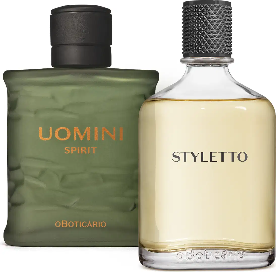 Imagem de dois itens de perfumaria masculina O Boticário: um vidro verde com rótulo dourado Uomini Spirit e outro vidro transparente com rótulo preto do Styletto, ambos com tampas pretas e texturas diferentes.
