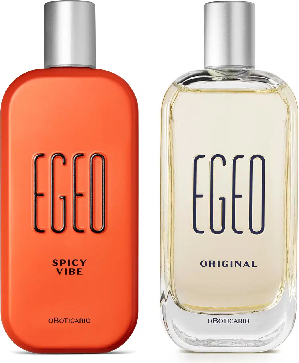 Imagem de dois frascos de item de perfumaria da marca Egeo, um na cor laranja com o texto "Spicy Vibe" e outro transparente com líquido na cor bege com o texto "Original", ambos com tampas prateadas.