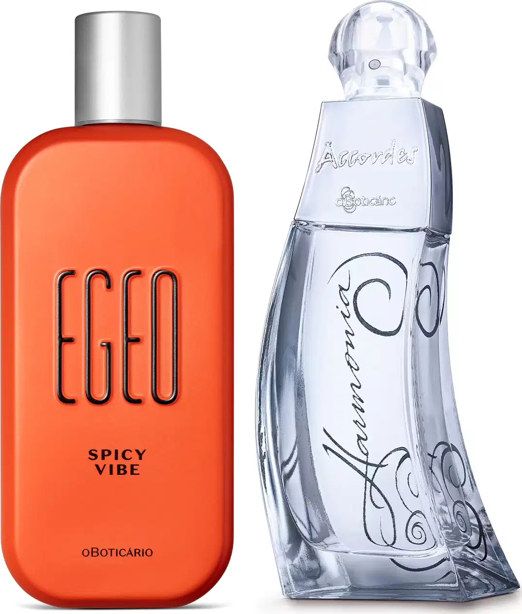 Imagem de dois frascos de perfumaria O Boticário: um frasco laranja e tampa prateada com a marca Egeo Spicy Vibe, e outro frasco transparente azulado em formato ondulado e tampa transparente com a marca Accordes Harmonia manuscrita.