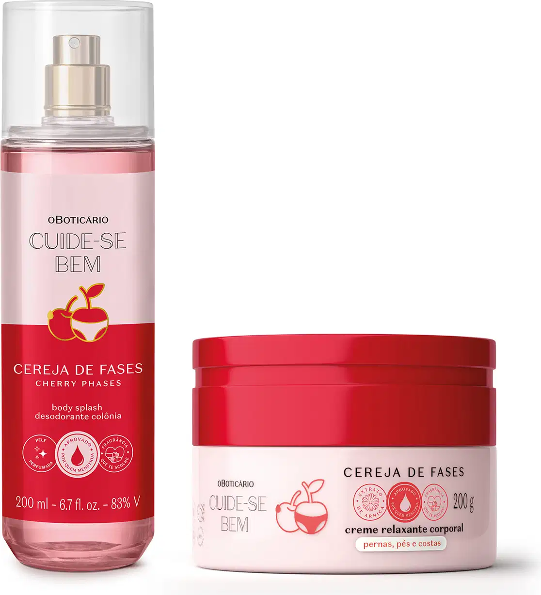 Imagem de dois itens que fazem parte do Combo Cuide-se Bem Cereja De Fases, sendo um body splash em embalagem transparente, válvula spray e líquido rosa, e um creme relaxante corporal em pote rosa claro com rótulo rosa escuro com cereja ilustrativa.