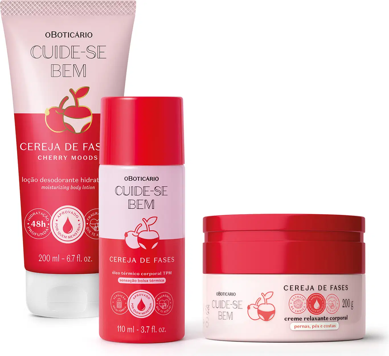 Imagem do Combo Cuide-se Bem Cereja De Fases que conta com um creme relaxante corporal, um óleo térmico corporal e uma loção corporal de 200ml. As embalagens trazem tonalidades diferentes de rosa e uma linda cereja ilustrando o rótulo. 