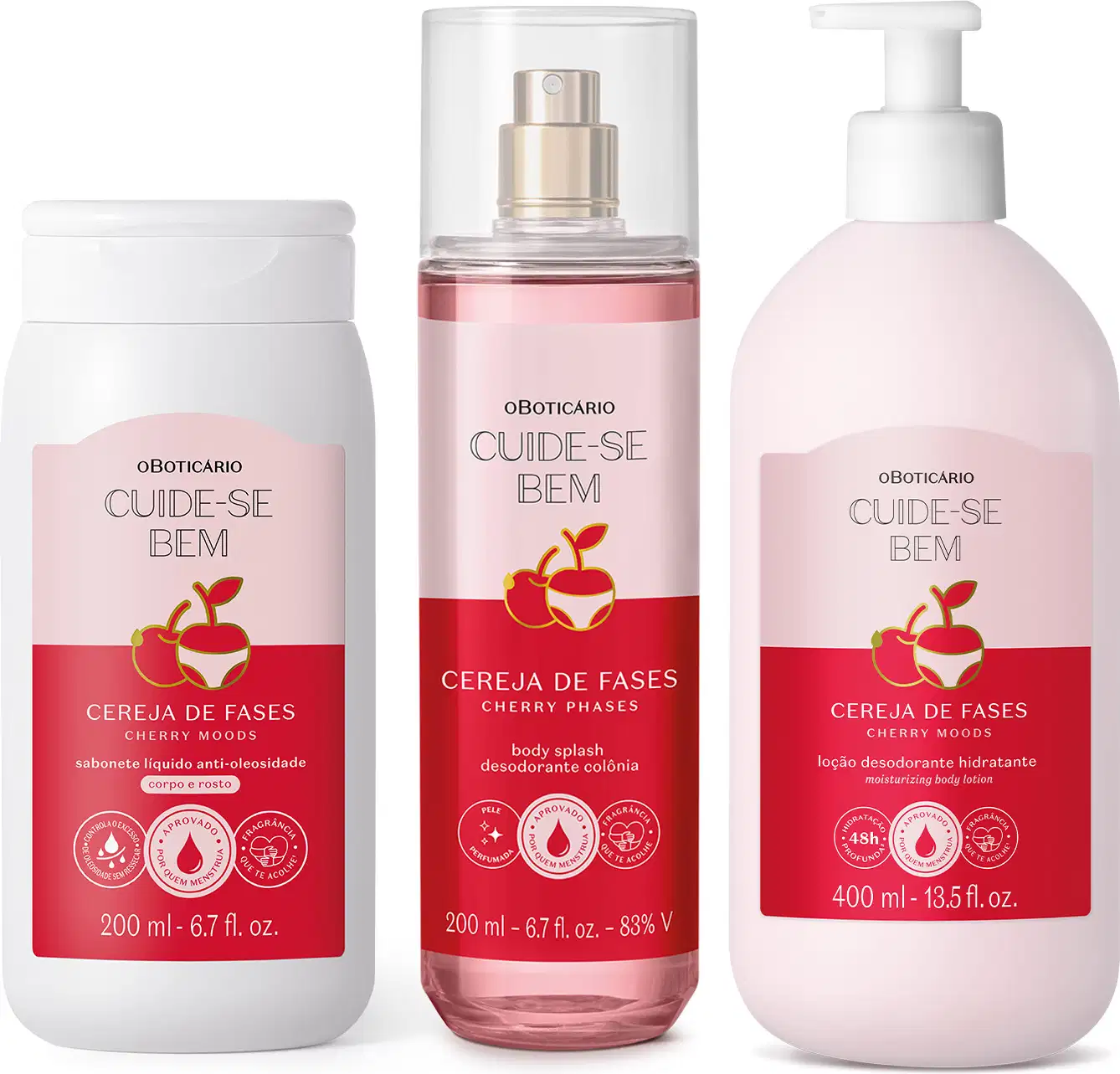 Imagem do Combo Cuide-se Bem Cereja De Fases que traz um sabonete líquido, uma loção corporal de 400ml e um body splash. As embalagens são delicadas, em vários tons de rosa e têm uma linda cereja ilustrando o rótulo.