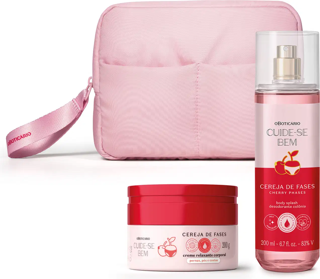 Imagem de um kit contendo três produtos da linha Cuide-se Bem Cereja De Fases, sendo um body splash em embalagem transparente, conteúdo rosa e válvula spray, um creme relaxante corporal em pote rosa claro e escuro e uma nécessaire rosa. Lindo e delicado.
