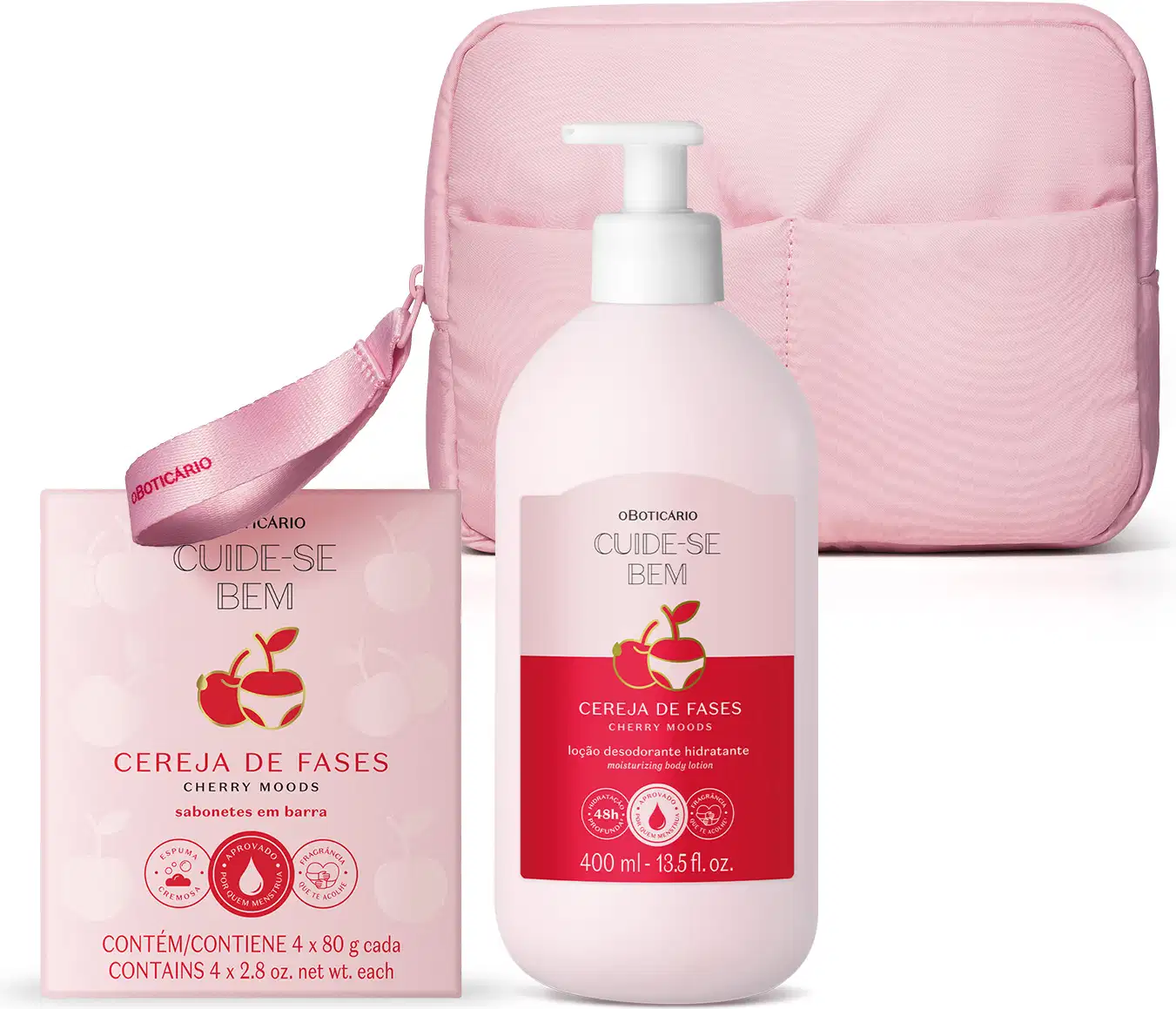 Imagem de um kit contendo três produtos da linha Cuide-se Bem Cereja De Fases, que traz quatro sabonetes em barra, frasco de loção corporal de 400ml  uma linda nécessaire rosa. As embalagens são delicadas, em tons de rosa com cereja ilustrativa.