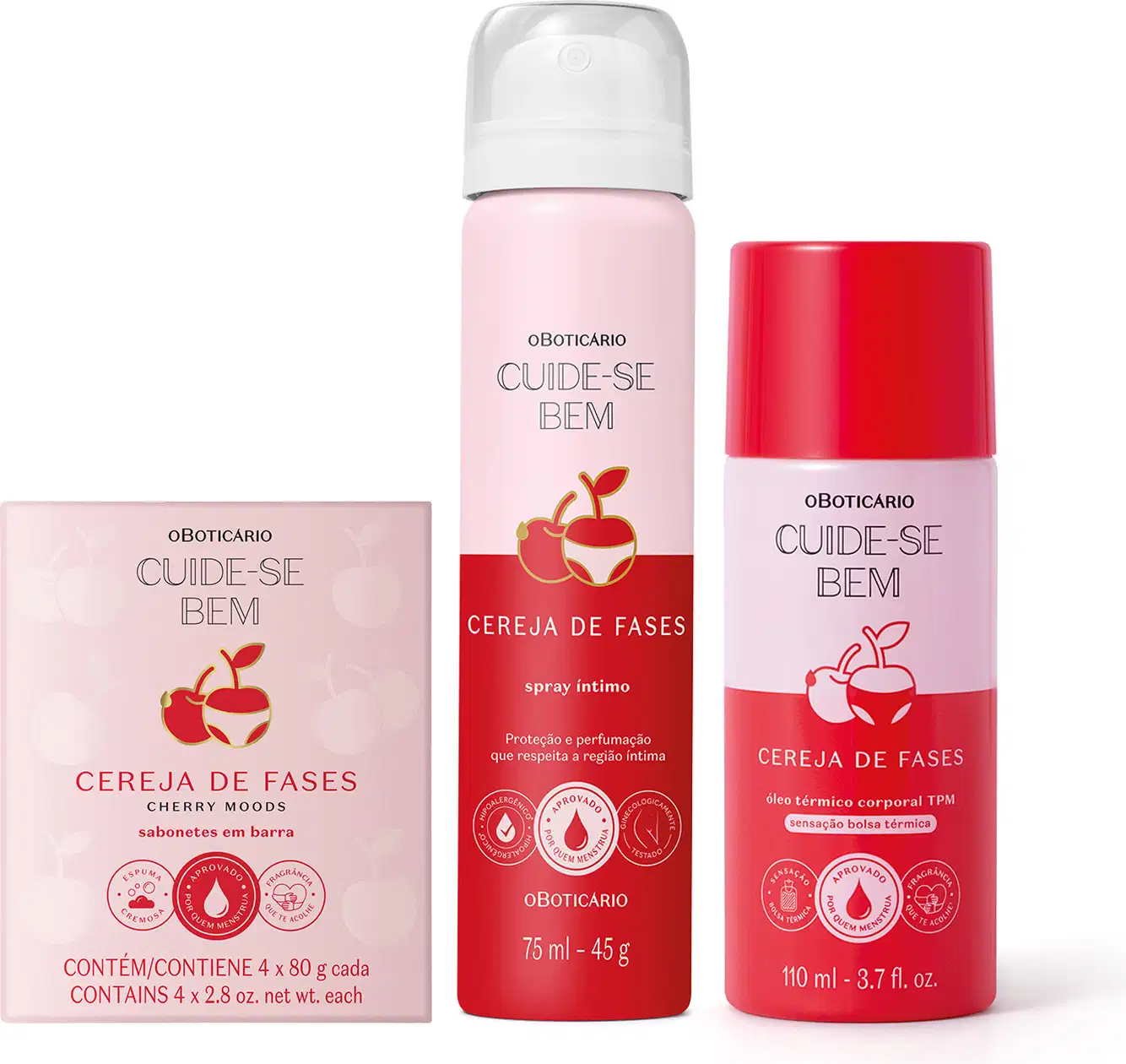 Imagem de um kit com três produtos da linha Cuide-se Bem Cereja De Fases, que conta com quatro Sabonetes em barra, spray íntimo desodorante e óleo térmico corporal. As embalagens são delicadas e femininas, em tons de rosa com cereja ilustrando.