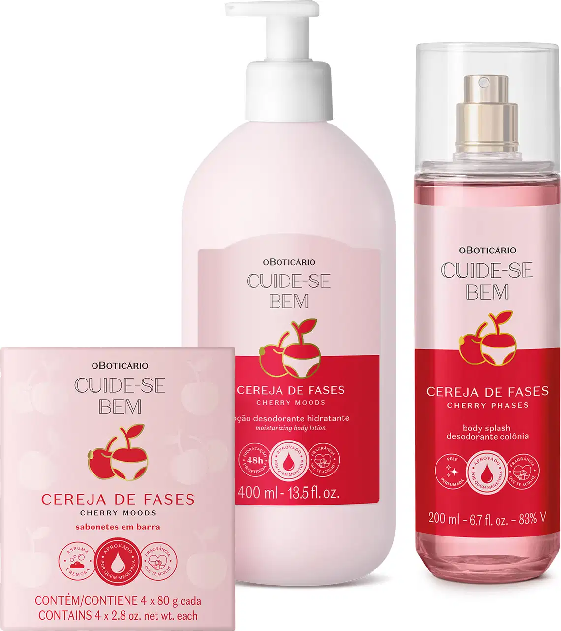 Imagem do Combo Cuide-se Bem Cereja De Fases que conta com quatro sabonetes em barra, frasco de loção corporal de 400ml e um  body splas. As embalagens possuem várias tonalidades de rosa e trazem ilustração de cerejas.