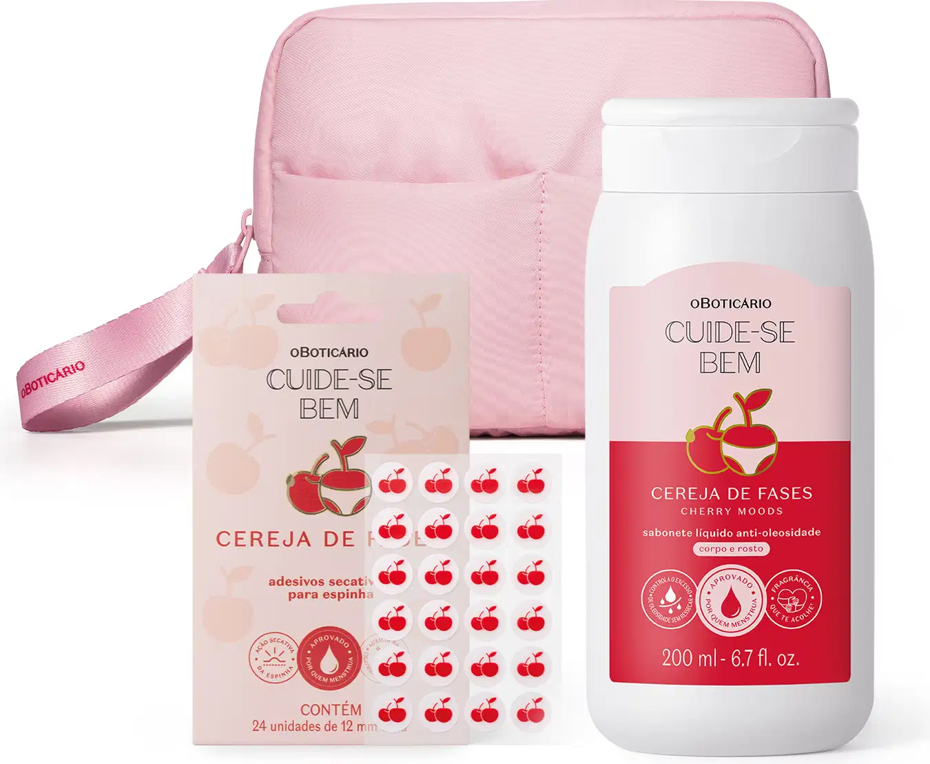 Imagem do Combo Cuide-se Bem Cereja De Fases com um sabonete líquido em embalagem rosa, uma cartela de adesivos secativos para espinhas em formato de cerejas e uma necessaire rosa com puxador. 
