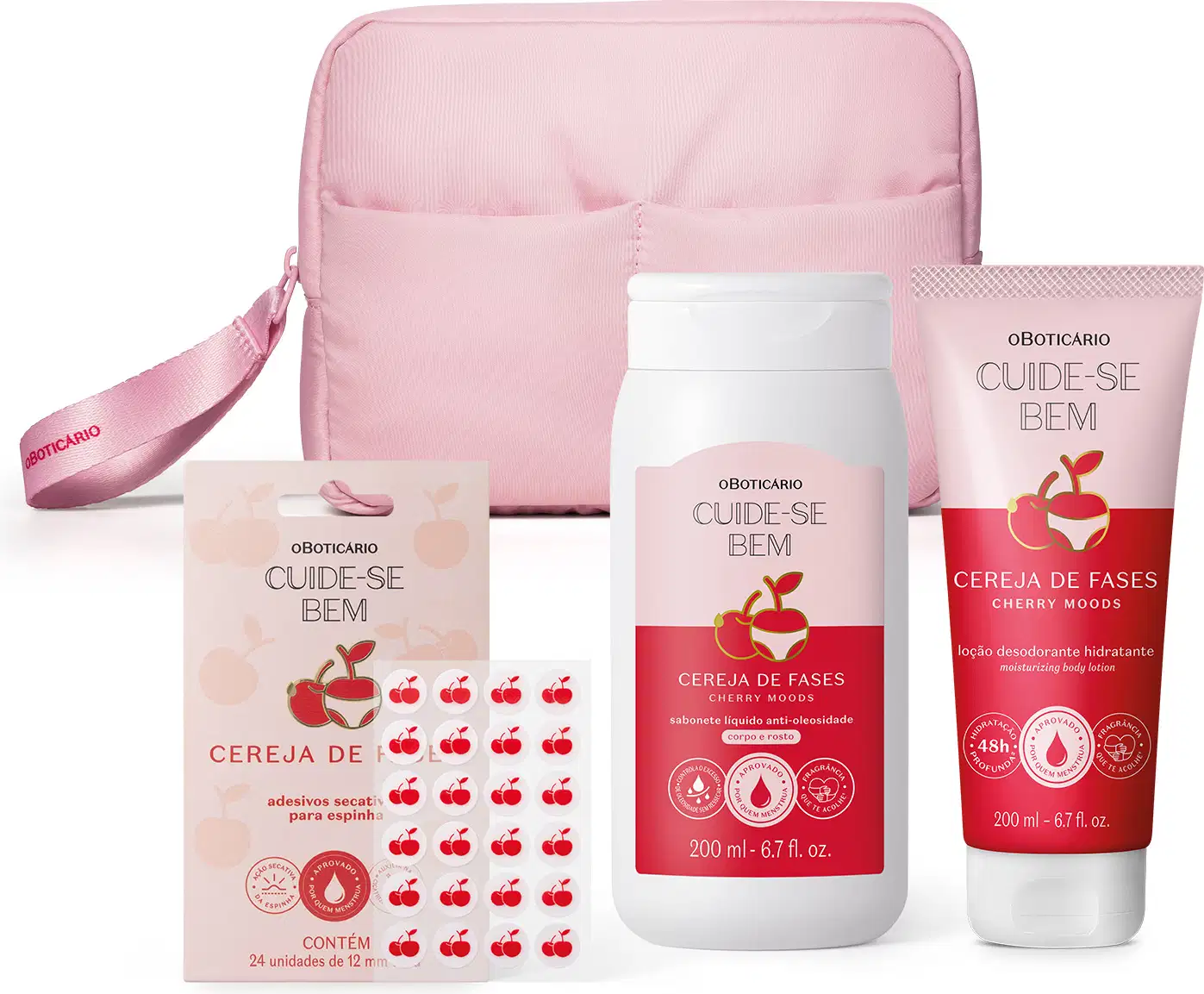 Imagem do Combo Cereja De Fases, contendo nécessaire rosa com puxador, cartela de adesivos secativos para espinhas, sabonete líquido anti-oleosidade e loção hidratante corporal. As embalagens têm tons de branco e rosa e ilustrações de cereja no rótulo.