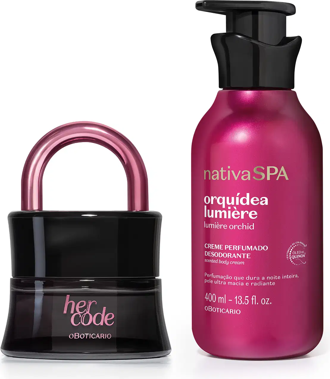 Imagem da moderna embalagem da fragrância Her Code Touch, em preto com detalhe e letras na cor roxo metalizado e Creme Perfumado Nativa Spa Orquídea Lumiére, com sua embalagem roxa, tampa preta e letras douradas e brancas.