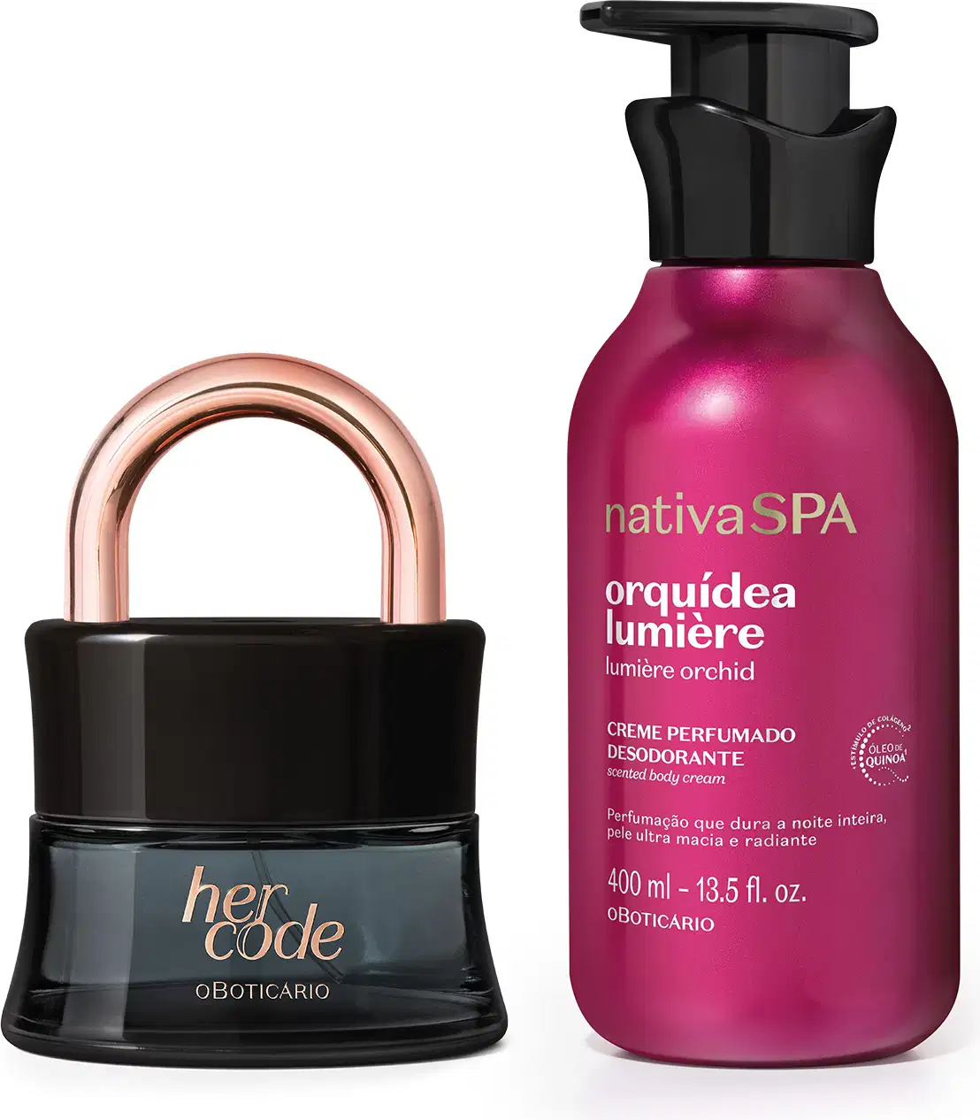 Imagem de frasco preto da fragrância Her Code, com letras e detalhe dourados e Creme Perfumado Nativa Spa Orquídea Lumiére, com seu frasco roxo, tampa preta e letras douradas e brancas. Um kit destinado para mulheres intensas.