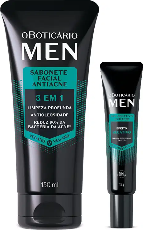 Imagem de dois produtos da marca Boticário Men Antiacne, sendo um frasco de 150 ml  com o sabonete líquido facial e uma bisnaga de gel secativo. As embalagens são na cor preta com detalhes em azul e letras brancas.
