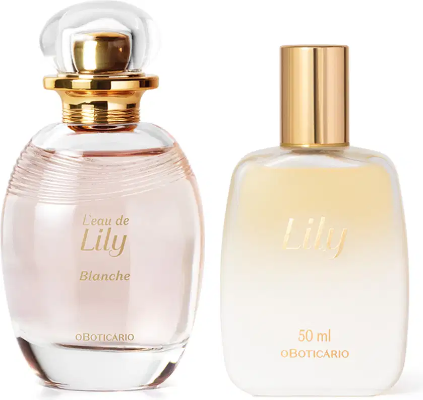 Imagem de dois frascos de produtos da marca Lily: um luxuoso vidro transparente com tampa dourada contendo o desodorante colônia Lily Blanche" e outro vidro fosco com rótulo e tampa dourados contendo um spray perfumado para cabelos da mesma marca.