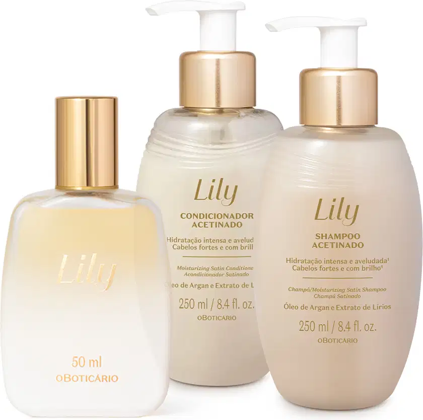 Imagem de três produtos para cabelos da marca Lily: dois frascos bege com bomba dosadora dourada e branca e letras douradas, sendo um de shampoo e outro de condicionador, e um vidro fosco de spray perfumado com tampa dourada.