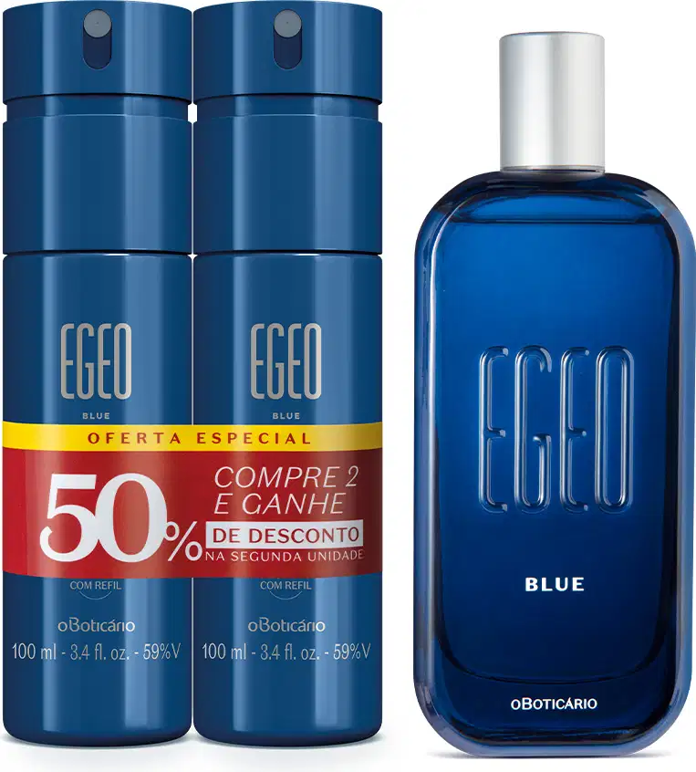 Imagem de três produtos da linha Egeo Blue: dois frascos de body spray na cor azul e letras douradas e um vidro de desodorante colônia, também azul com cantos arredondados, tampa prateada e nome da fragrância em relevo.