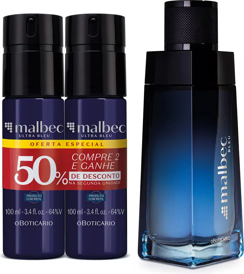 Imagem de três produtos Malbec Bleu: dois frascos de body spray na cor azul  e um elegante vidro de desodorante colônia, em embalagem moderna na cor preta e azul. Eles possuem tampa preta e informações em letras douradas.