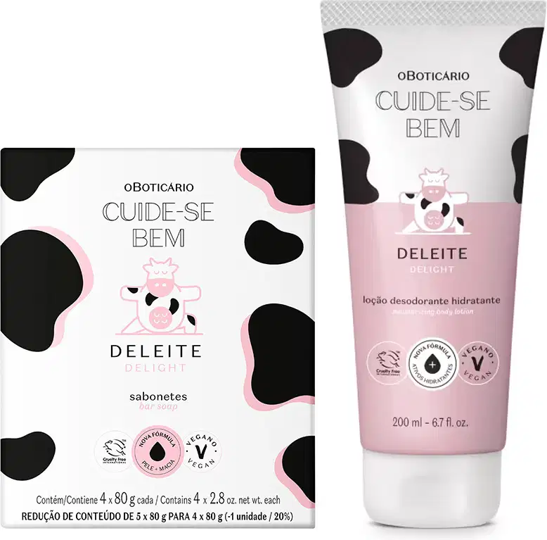 Imagem de dois produtos da linha Cuide-se Bem Deleite: caixa com quatro sabonetes em barra e tubo da loção hidratante corporal contendo 200ml e detalhes em rosa. Ambas embalagens são na cor branca e preta e trazem ilustração de vaca.