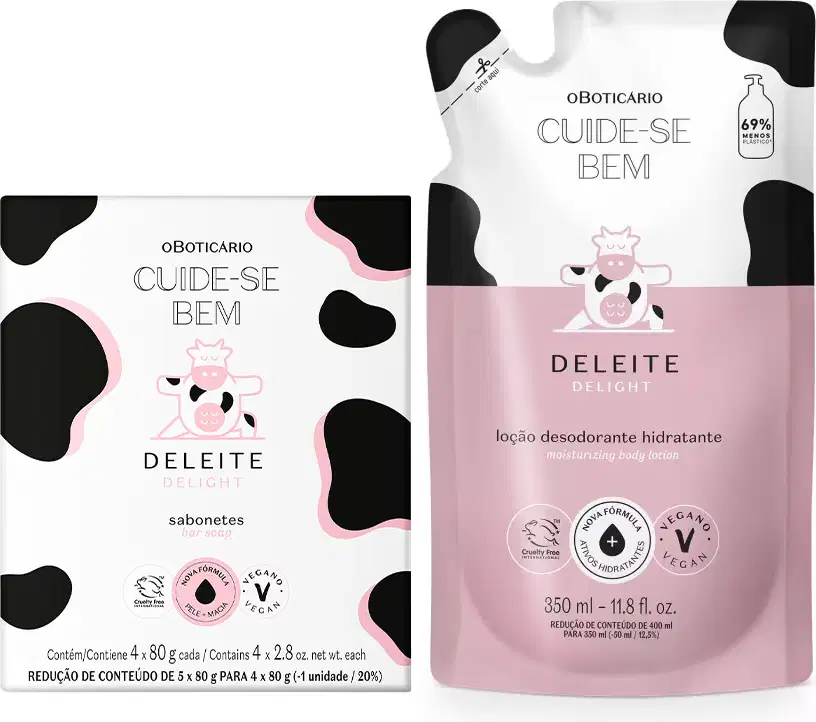Imagem de dois produtos da linha Cuide-se Bem Deleite: caixa com quatro sabonetes em barra e sachê refil da loção hidratante corporal contendo 350ml e detalhes em rosa. Ambas embalagens são na cor branca e preta e trazem ilustração de vaca.