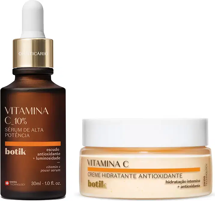 Imagem de dois produtos de cuidados para a pele da marca Botik Vitamina C: um sérum em frasco de vidro marrom com conta-gotas dourado, e um creme hidratante antioxidante em pote branco com rótulo em tons de laranja.