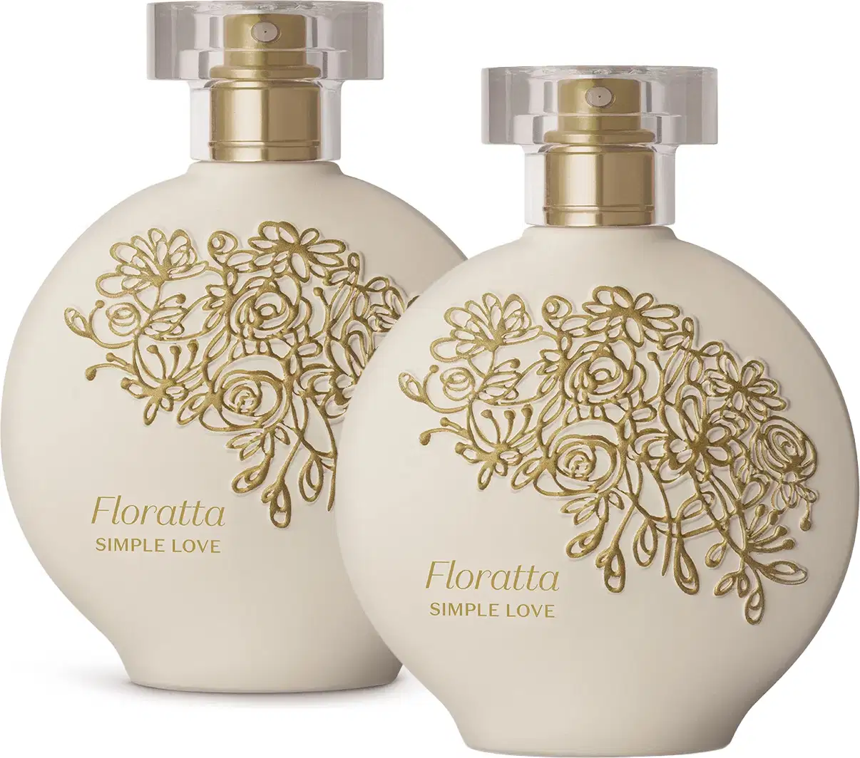 Imagem de dois frascos de item de perfumaria da marca Floratta, com embalagem arredondada em tom branco e detalhes florais dourados, exibindo o texto "Simple Love" no rótulo.