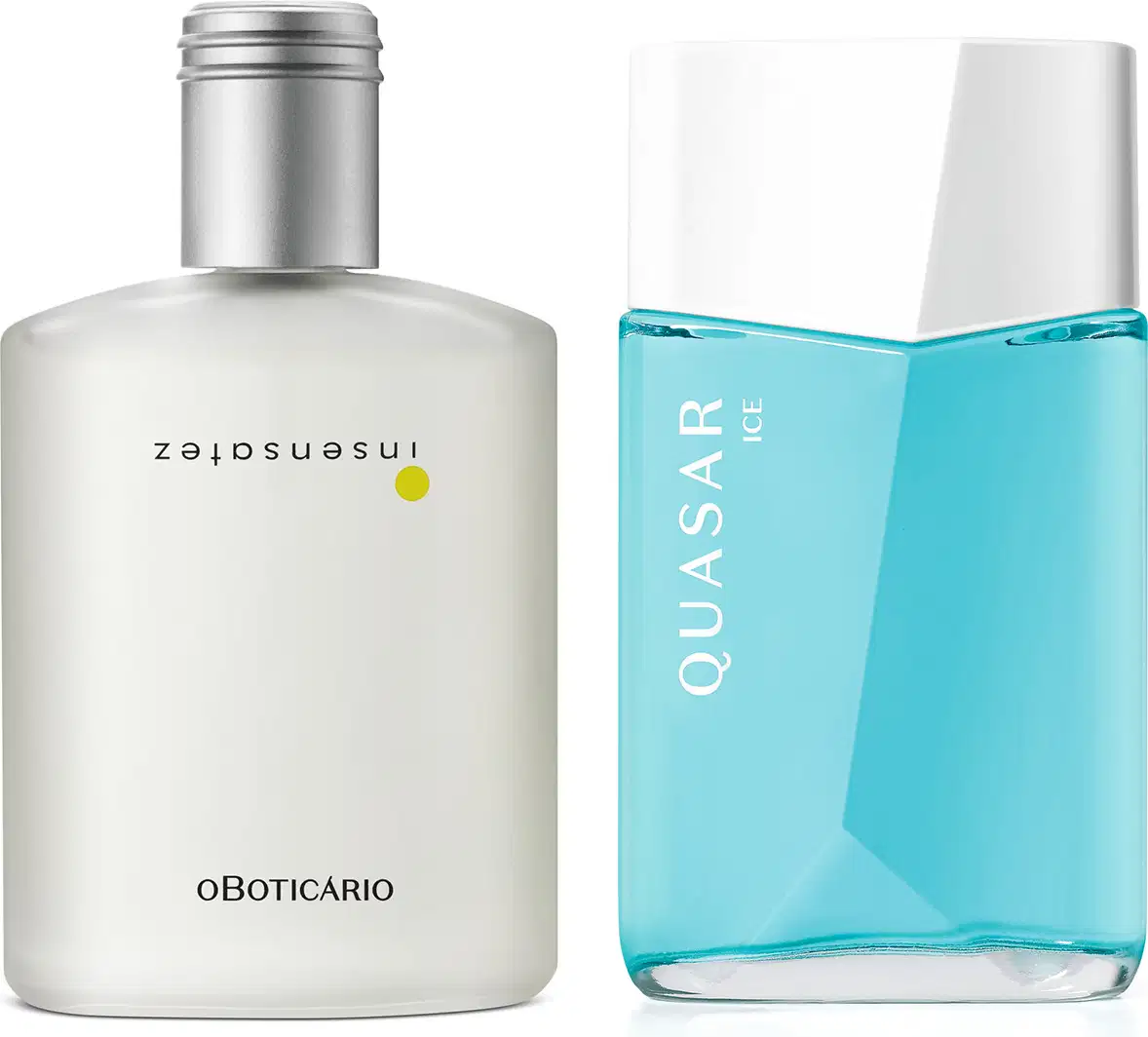 Imagem de dois frascos de perfumaria masculina: um frasco branco com rótulo "Insensatez", tampa prateada e letras pretas e outro frasco azul com rótulo "Quasar Ice", tampa branca e letras brancas. Os dois produtos transmitem frescor e vivacidade.