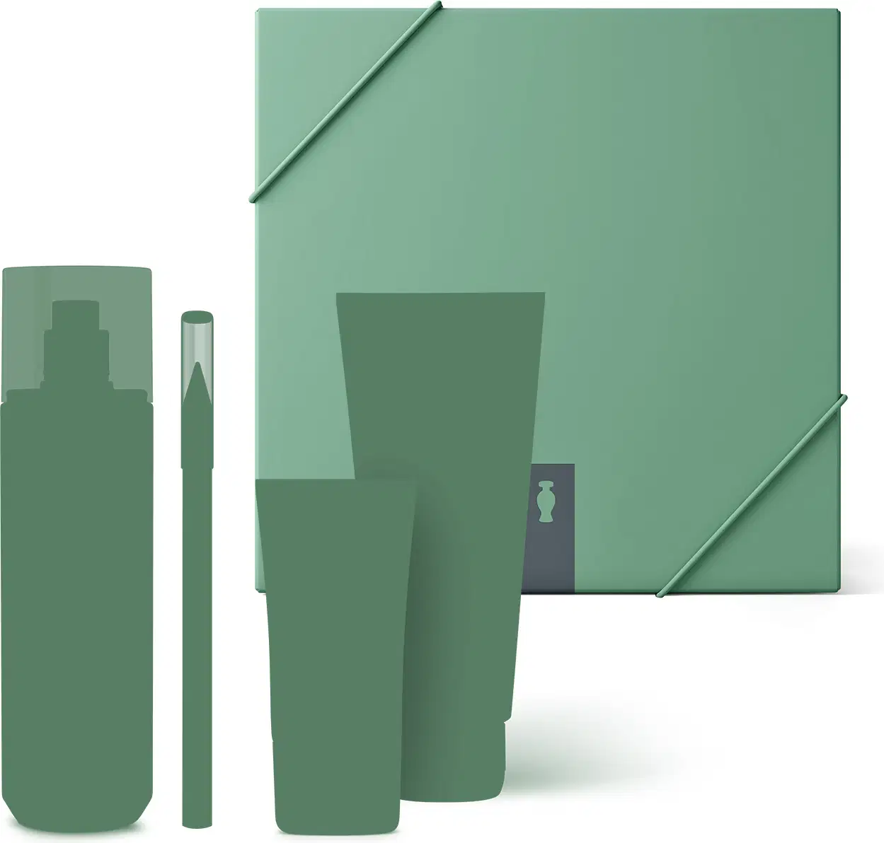 Imagem de caixa verde com elástico e a silhueta de alguns itens o Boticário, ocultando as marcas e sugerindo um kit de presente surpresa.