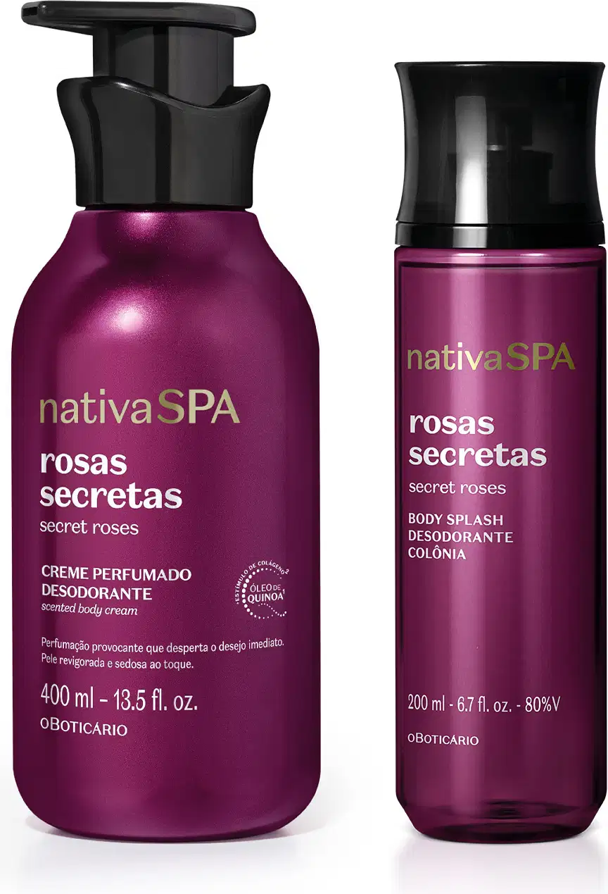 A imagem mostra dois produtos da marca Nativa SPA Rosas Secretas, sendo um frasco de 400ml de creme corporal e um frasco de 200ml de body splash. Elas são roxas, têm tampas pretas e as informações do rótulo estão impressas em letras brancas e douradas.