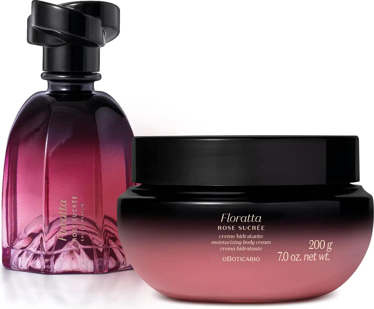 A imagem mostra dois produtos da linha Floratta Rose Sucrée, sendo um vidro de 75ml do Eau de Parfum e um pote de 200g de creme corporal. As embalagens possuem um degradê que vai do preto para o roxo, tampas pretas e rótulo em letras brancas.