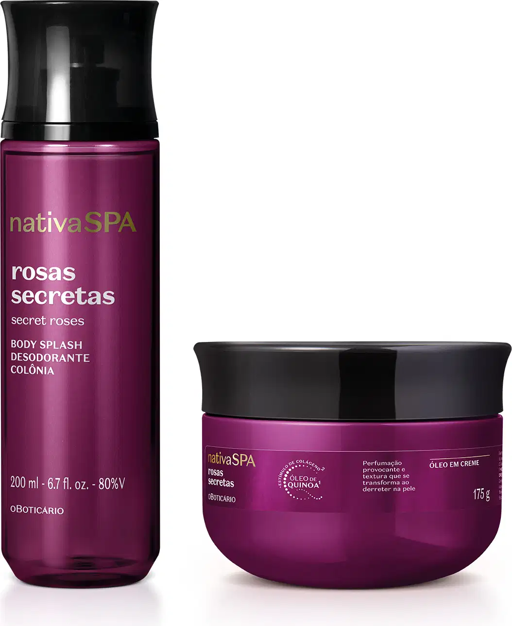 A imagem mostra dois produtos da marca Nativa SPA Rosas Secretas, sendo um frasco cilíndrico de body splash e um pote de óleo em creme; Ambas embalagens são roxas, possuem tampa preta e o rótulo traz informações em letras brancas e douradas.