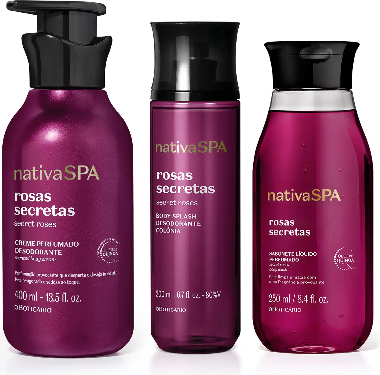 A imagem mostra três produtos da marca Nativa SPA Rosas Secretas, sendo creme corporal, body splash e sabonete líquido. As embalagens são cilíndricas de diferentes espessuras. Todas elas são roxas com tampas preta e rótulos com letras brancas e douradas.