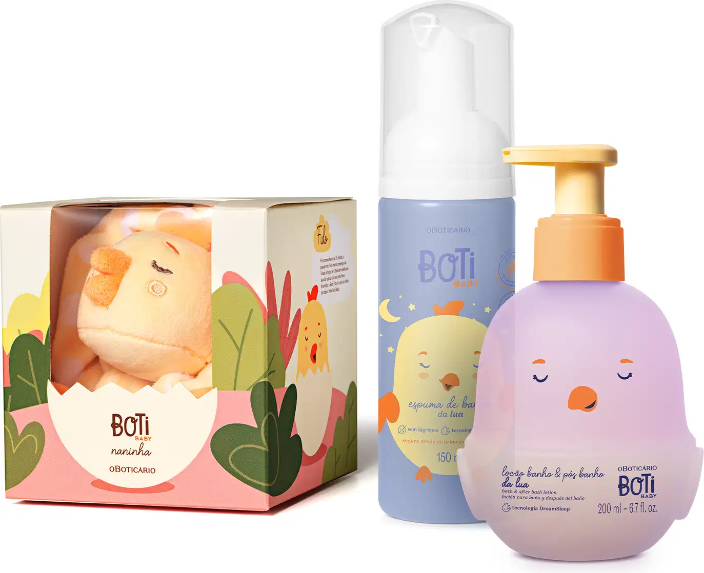 Caixa de presente Boti Baby com naninha, espuma de banho da lua em frasco com bomba e loção corporal em frasco com tampa, com ilustrações e cores suaves em tons de azul, amarelo e laranja.