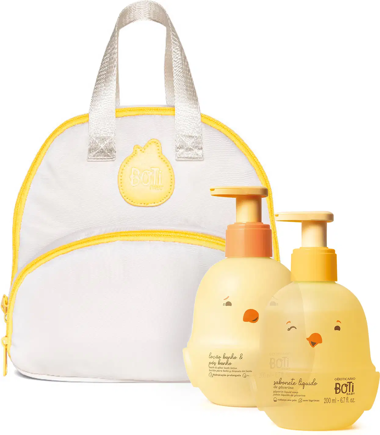 Bolsa branca e amarela com detalhes em amarelo, contendo um frasco de sabonete líquido e um frasco de loção corporal da marca Boti Baby, ambos com embalagem amarela e detalhes gráficos.