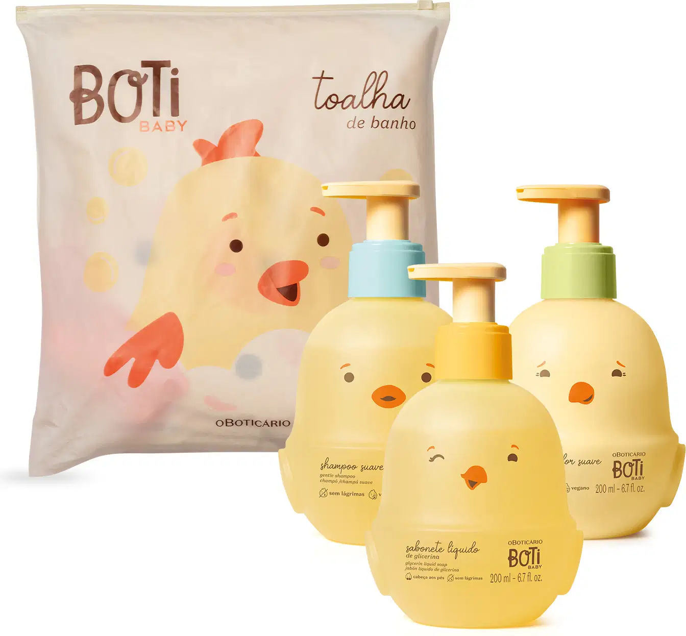 Produtos de higiene infantil da marca Boti Baby, incluindo toalha de banho, shampoo suave, sabonete líquido e embalagem com ilustrações de pintinhos amarelos. Cores predominantes são amarelo, branco e azul claro.