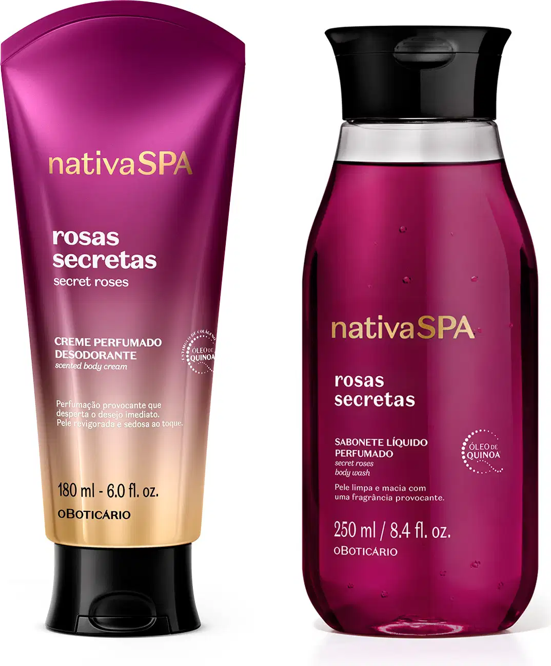 A imagem mostra dois produtos da marca Nativa SPA Rosas Secretas, sendo uma bisnaga de creme corporal em degradê de roxo para branco e um frasco roxo de sabonete líquidos. Ambos possuem informações impressas em letras brancas e douradas.