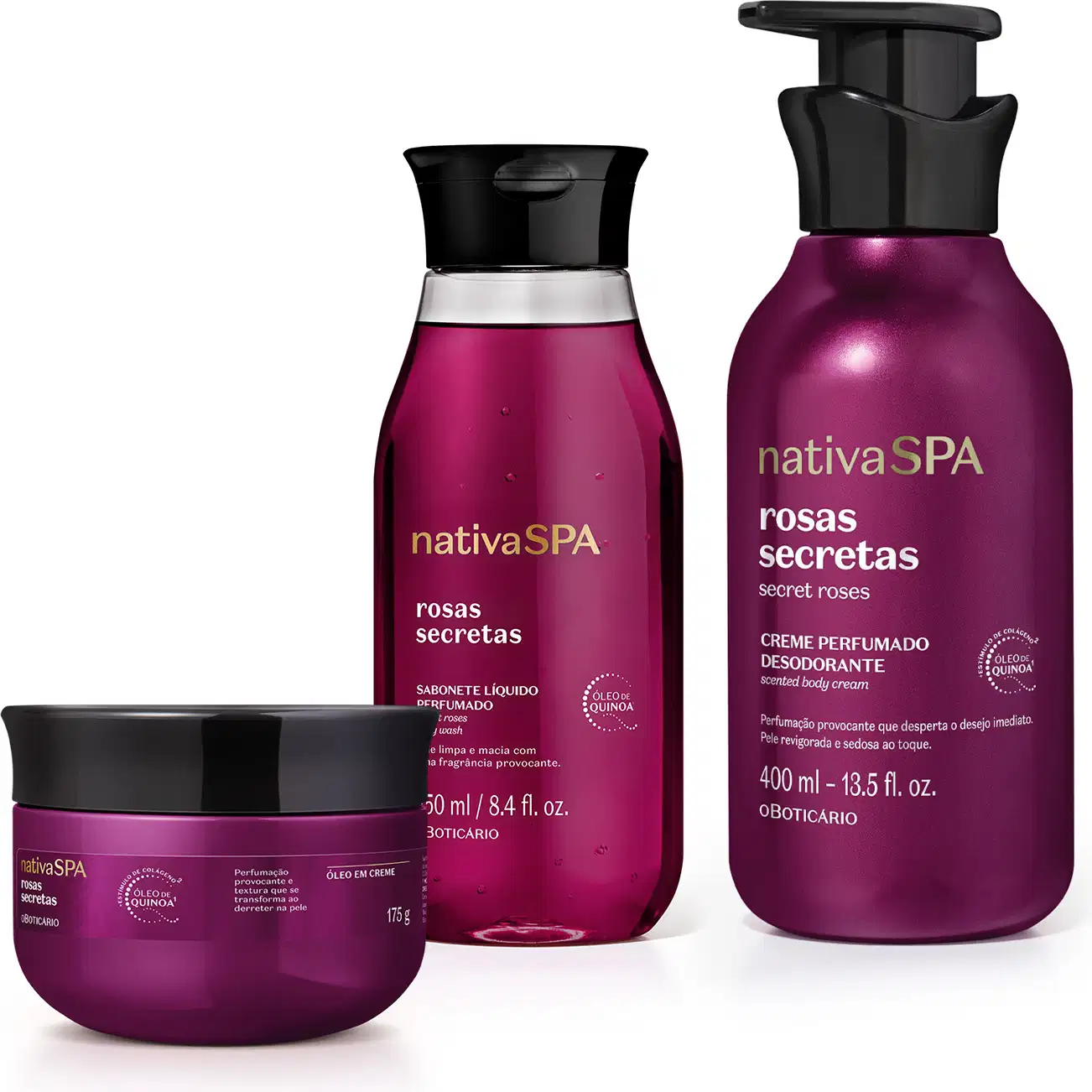 A imagem mostra um kit de produtos Nativa SPA Rosas Secretas, incluindo frasco de sabonete líquido,  frasco de creme desodorante e pote de óleo em creme, todos na cor roxa com tampa preta e rótulo em dourado e branco.